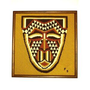 Handcrafted Vintage Tribal Mask Needlepoint Wall Art In Wooden Frame